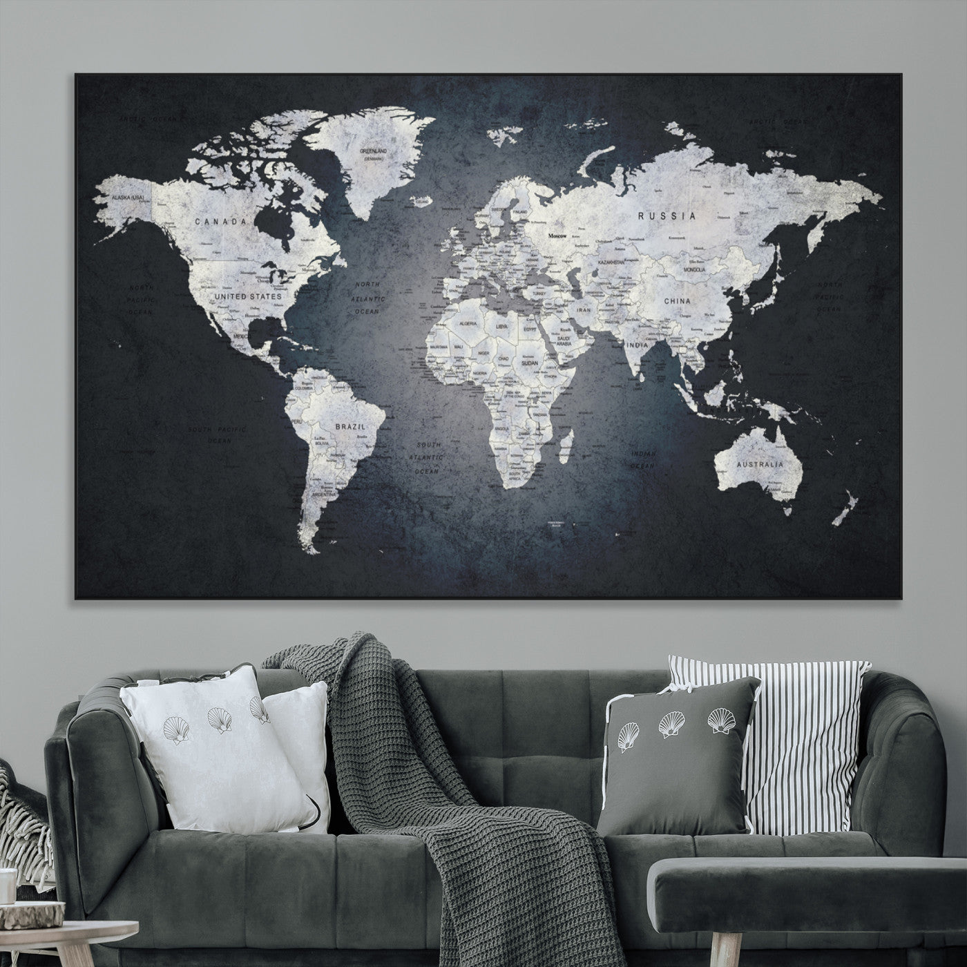 19124-MGV-CV-36X24-Modern World Map Wall Art – Black and White Canvas Print, Minimalist Global Map Decor for Office, Study, Bedroom or Living Room