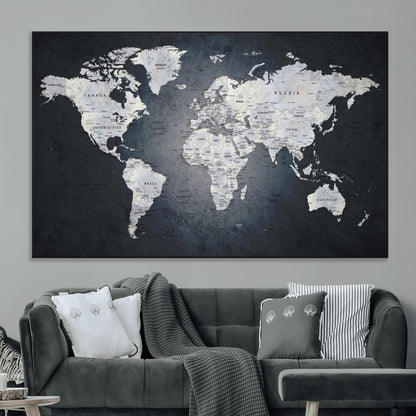 19124-MGV-CV-36X24-Modern World Map Wall Art – Black and White Canvas Print, Minimalist Global Map Decor for Office, Study, Bedroom or Living Room