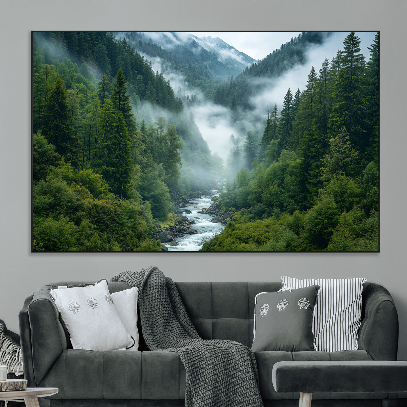 69453-MGV-CV-36X24-Mountain Forest Wall Art – Misty River and Evergreen Landscape Canvas Print, Nature Photography Poster for Living Room, Bedroom,