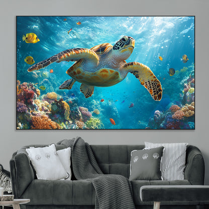 37623-MGV-CV-36X24-Sea Turtle Wall Art – Underwater Ocean Canvas Print with Coral Reef and Tropical Fish, Marine Life Painting Poster for Living