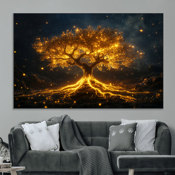 60194-MGV-CV-36X24-Glowing Tree Wall Art – Golden Roots Fantasy Canvas Print, Mystical Illuminated Tree Painting Poster for Living Room, Bedroom,