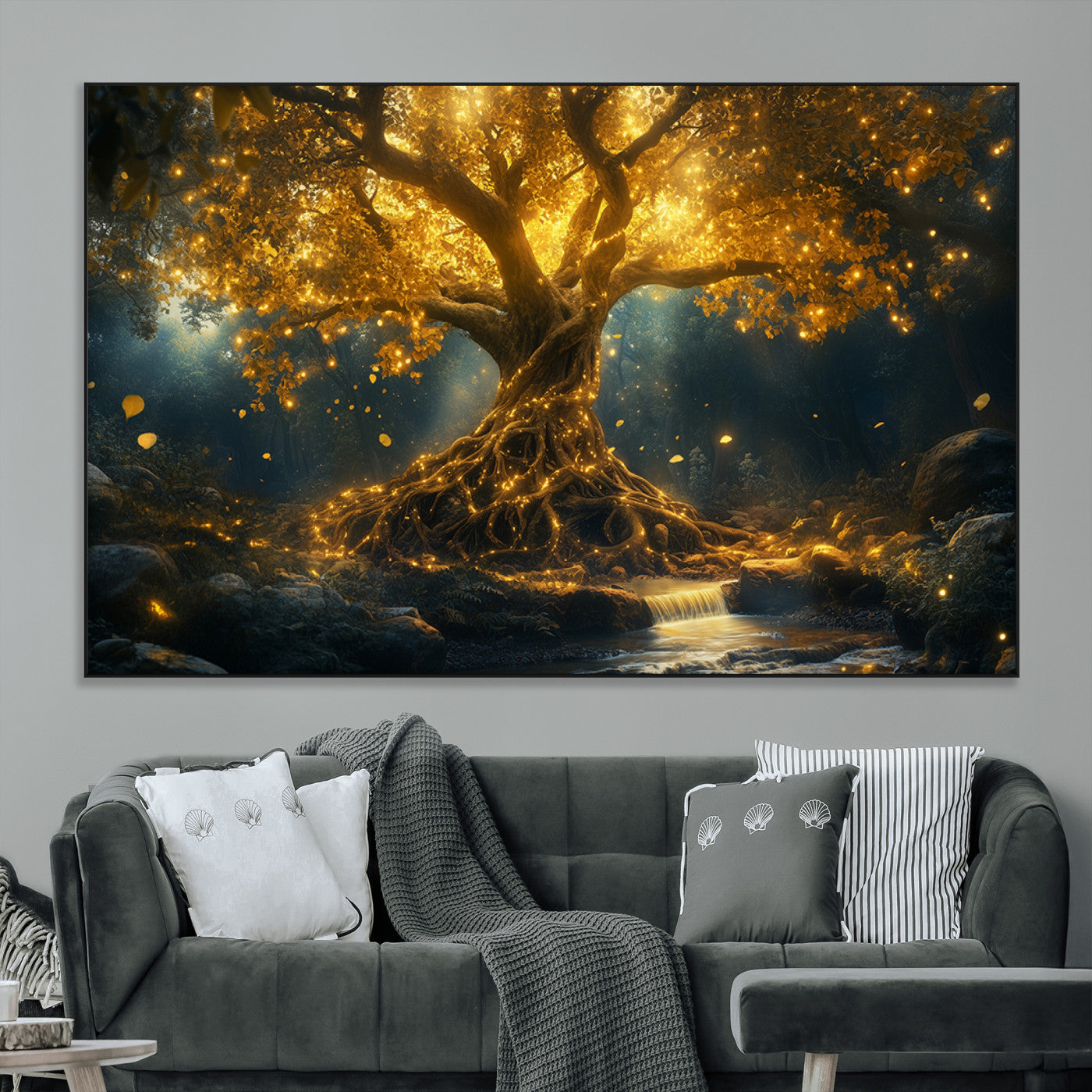 92739-MGV-CV-36X24-Glowing Tree Wall Art – Enchanted Golden Forest Canvas Print, Mystical Illuminated Nature Painting Poster for Living Room,