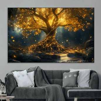 92739-MGV-CV-36X24-Glowing Tree Wall Art – Enchanted Golden Forest Canvas Print, Mystical Illuminated Nature Painting Poster for Living Room,