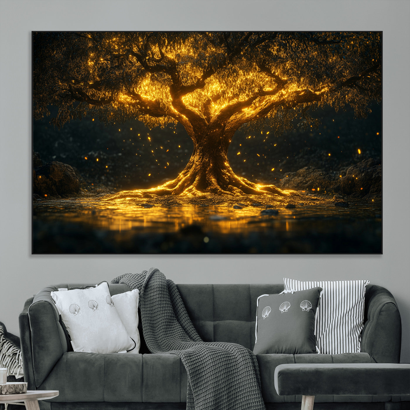 59580-MGV-CV-36X24-Glowing Tree Wall Art – Golden Fantasy Nature Canvas Print, Mystical Illuminated Tree Painting Poster for Living Room, Bedroom,
