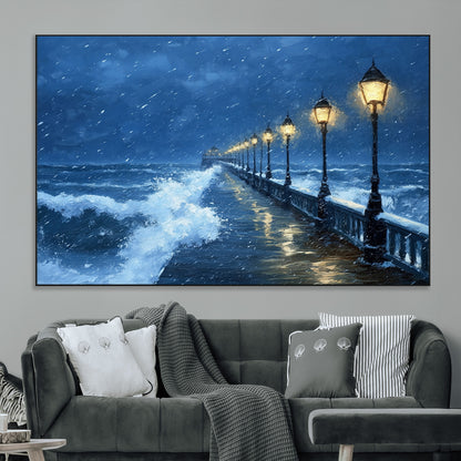 32668-MGV-CV-36X24-Stormy Pier Wall Art – Ocean Waves and Street Lamps Canvas Print, Rainy Night Seascape Oil Painting Poster for Living Room,