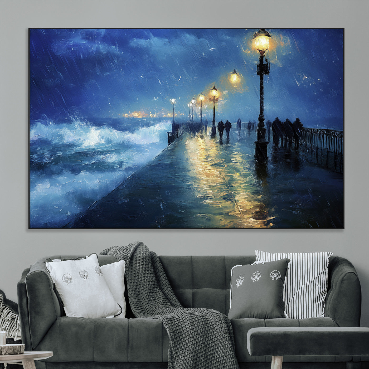76572-MGV-CV-36X24-Stormy Night Pier Wall Art – Ocean Waves and Street Lamps Canvas Print, Rainy Seascape Oil Painting Poster for Living Room,