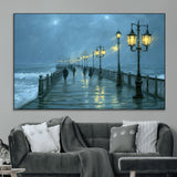 79606-MGV-CV-36X24-Rainy Pier Night Wall Art – Ocean Waves and Street Lamps Canvas Print, Moody Seascape Oil Painting Poster for Living Room,
