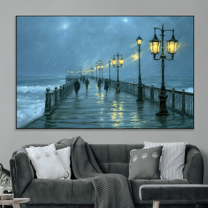 79606-MGV-CV-36X24-Rainy Pier Night Wall Art – Ocean Waves and Street Lamps Canvas Print, Moody Seascape Oil Painting Poster for Living Room,