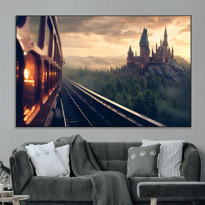 84029-MGV-CV-36X24-Fantasy Castle Wall Art – Magical Train Sunset Forest Canvas Print, Enchanted Landscape Painting Poster for Living Room, Bedroom,