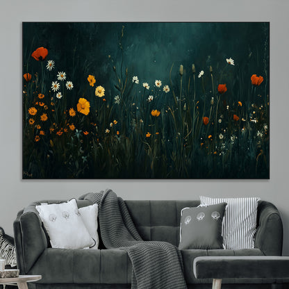 87037-MGV-CV-36X24-Wildflower Wall Art – Dark Botanical Floral Canvas Print, Modern Nature Painting Poster with Daisies Poppies Orange Flowers for