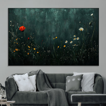 26218-MGV-CV-36X24-Wildflower Wall Art – Dark Botanical Floral Canvas Print, Modern Nature Painting Poster with Daisy Poppy Yellow Flowers for Living
