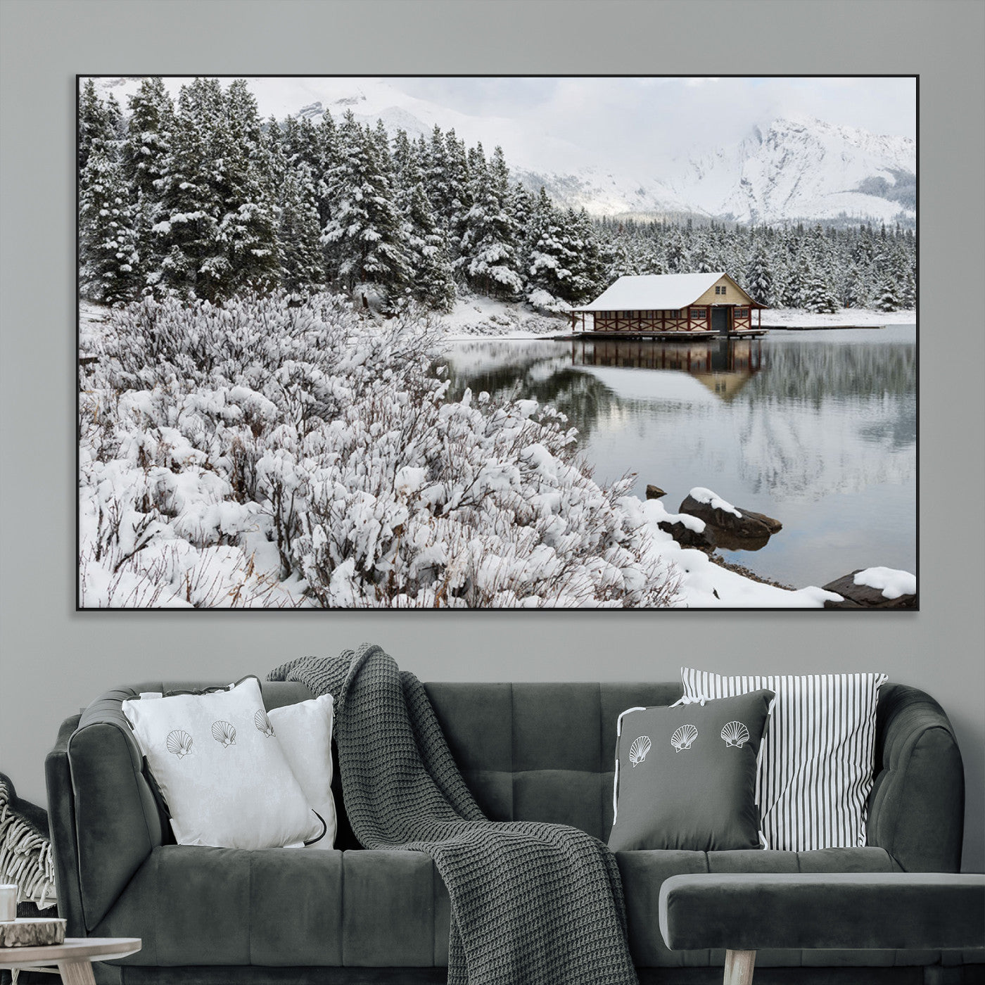 29975-MGV-CV-36X24-Winter Cabin by the Lake Wall Art – Snowy Mountain Landscape Canvas Print, Rustic Lodge Cabin Decor for Cozy Living Room, Bedroom
