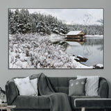 29975-MGV-CV-36X24-Winter Cabin by the Lake Wall Art – Snowy Mountain Landscape Canvas Print, Rustic Lodge Cabin Decor for Cozy Living Room, Bedroom