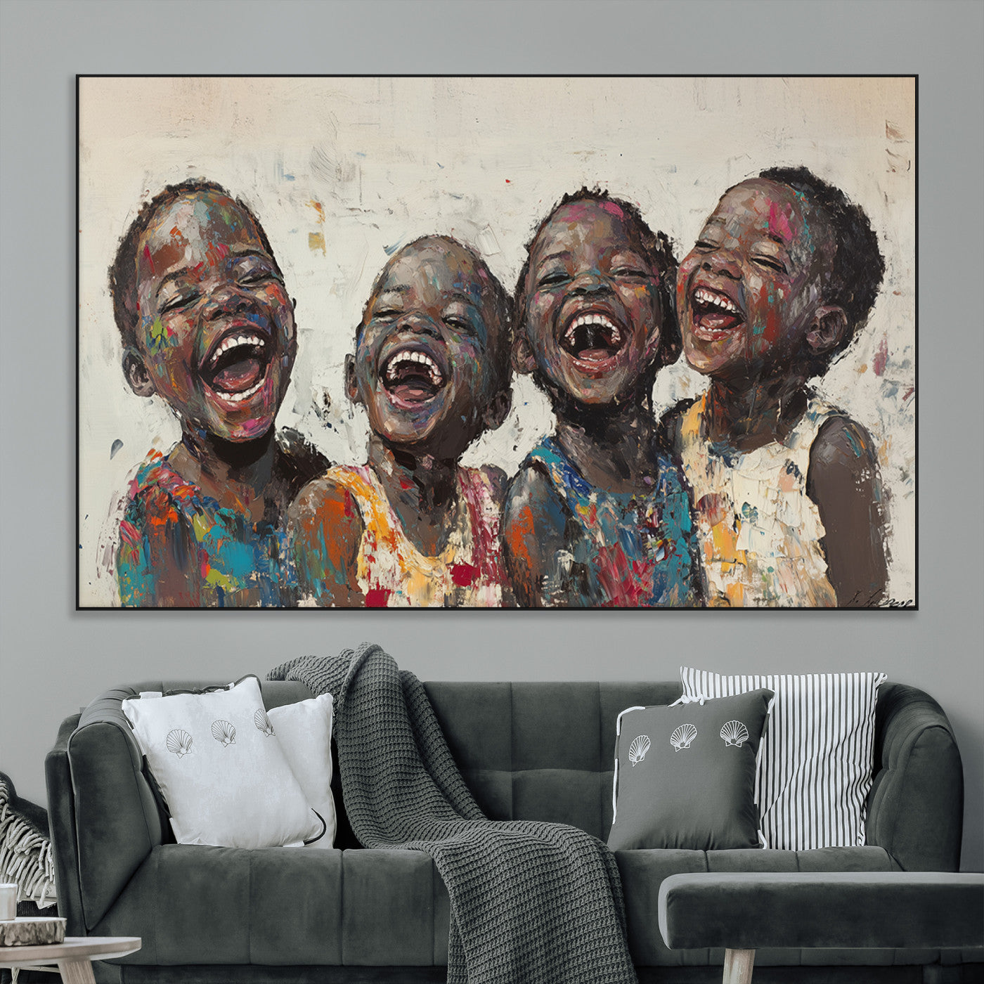 85256-MGV-CV-36X24-Joyful Children Wall Art – Colorful Kids Laughing Canvas Print, Uplifting Happiness Painting for Living Room, Office, Playroom or