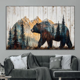 90077-MGV-CV-36X24-Wood Grizzly Bear Wall Art Canvas Print, Framed Abstract Bear Art Picture Print, Bear in Forest Perfect Rustic Lodge Decor Artwork
