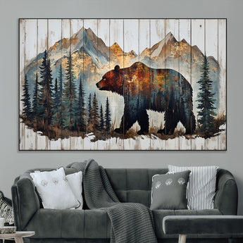 55777-MGV-CV-36X24-Rustic Bear Wall Art Canvas Print, Framed Mountain and Forest Art Picture Print, Wooden Bear Perfect Rustic Lodge Decor Artwork