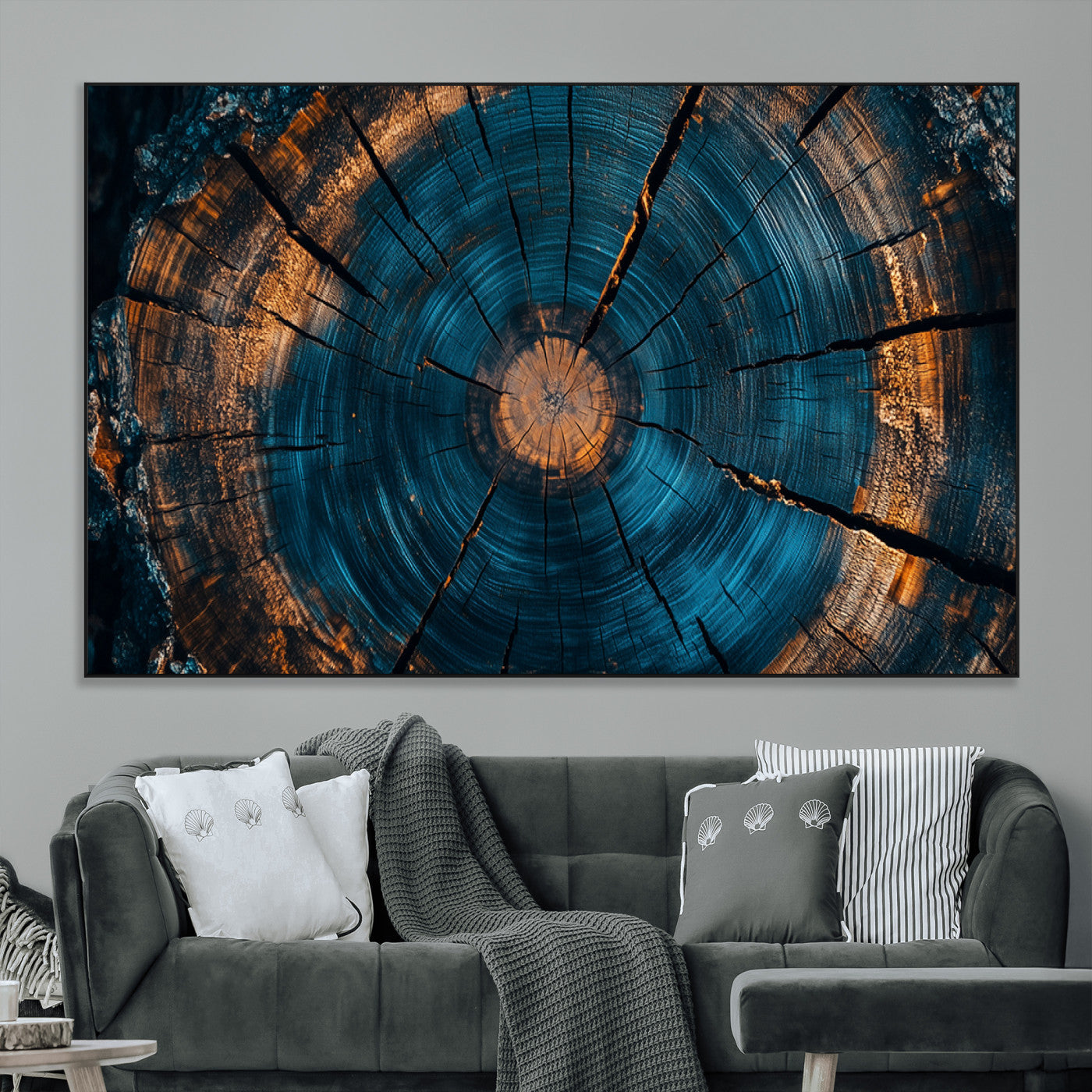 65231-MGV-CV-36X24-Blue and Gold Tree Ring Wall Art – Rustic Abstract Wood Slice Canvas Print, Modern Nature Inspired Artwork for Living Room,