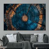 65231-MGV-CV-36X24-Blue and Gold Tree Ring Wall Art – Rustic Abstract Wood Slice Canvas Print, Modern Nature Inspired Artwork for Living Room,