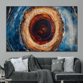 30457-MGV-CV-36X24-Tree Ring Abstract Wall Art – Blue and Brown Wood Grain Canvas Print, Modern Nature Inspired Painting for Rustic Living Room,