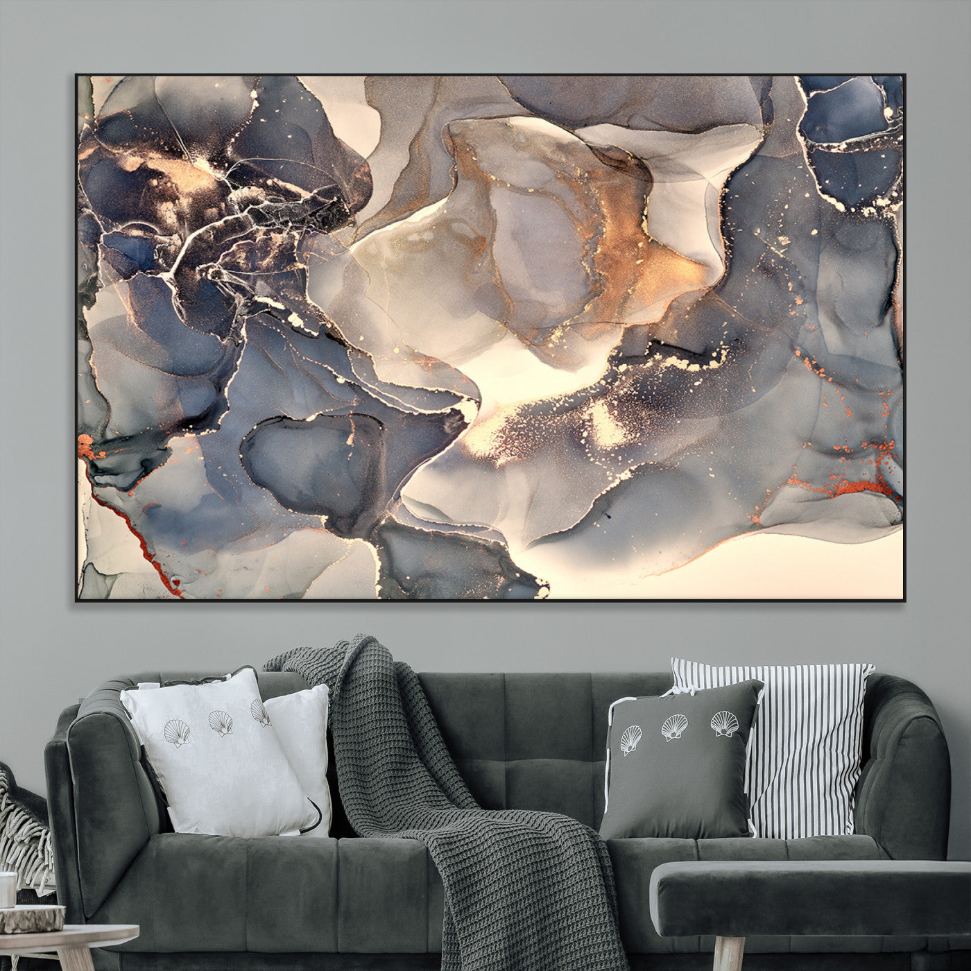 18202-MGV-CV-36X24-Abstract Neutral Wall Art – Blue, Beige and Gold Fluid Ink Canvas Print, Modern Minimalist Painting for Living Room, Office