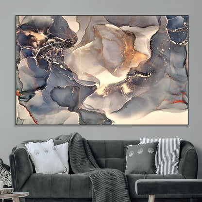 18202-MGV-CV-36X24-Abstract Neutral Wall Art – Blue, Beige and Gold Fluid Ink Canvas Print, Modern Minimalist Painting for Living Room, Office