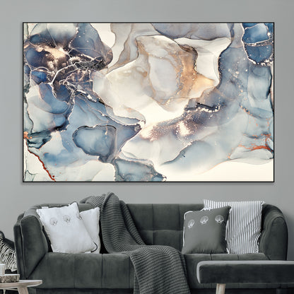 51497-MGV-CV-36X24-Abstract Blue and Gold Wall Art – Modern Fluid Ink Style Canvas Print, Elegant Contemporary Decor for Living Room, Office
