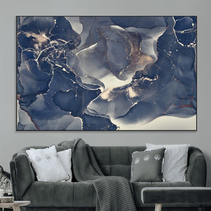 28282-MGV-CV-36X24-Blue Abstract Wall Art – Modern Ink Swirl Canvas Print, Contemporary Navy and Gold Painting for Living Room, Bedroom, Office or