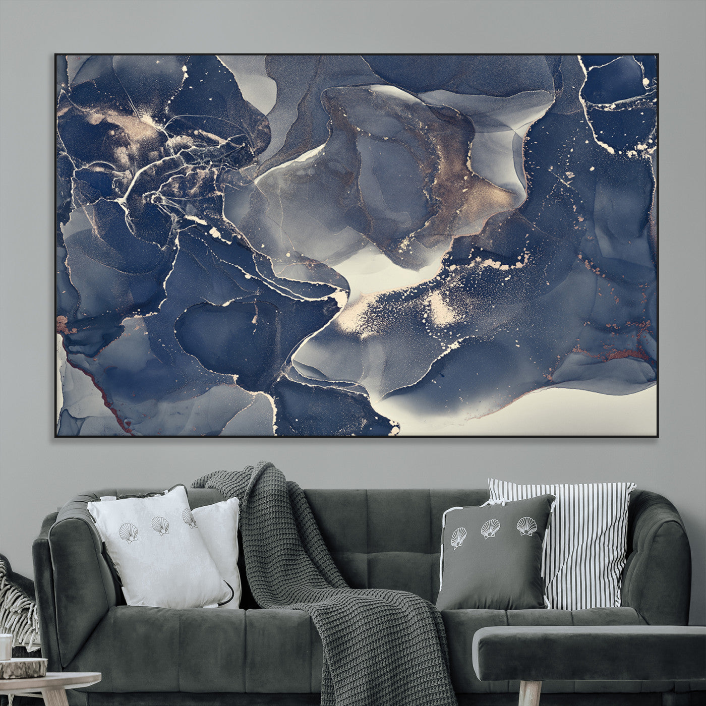28282-MGV-CV-36X24-Blue Abstract Wall Art – Modern Ink Swirl Canvas Print, Contemporary Navy and Gold Painting for Living Room, Bedroom, Office or