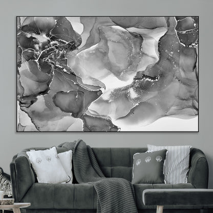 15911-MGV-CV-36X24-Black and White Abstract Wall Art – Modern Ink Swirl Canvas Print, Minimalist Contemporary Painting for Living Room, Bedroom,