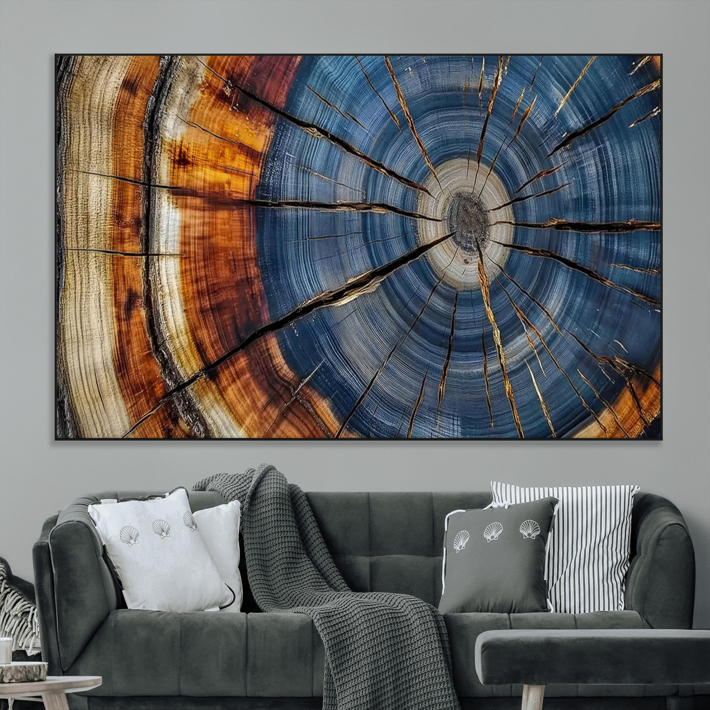 10583-MGV-CV-36X24-Tree Ring Wall Art – Abstract Wood Grain Canvas Print with Blue and Brown Tones, Nature Inspired Rustic Artwork for Living Room,