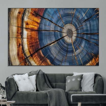10583-MGV-CV-36X24-Tree Ring Wall Art – Abstract Wood Grain Canvas Print with Blue and Brown Tones, Nature Inspired Rustic Artwork for Living Room,