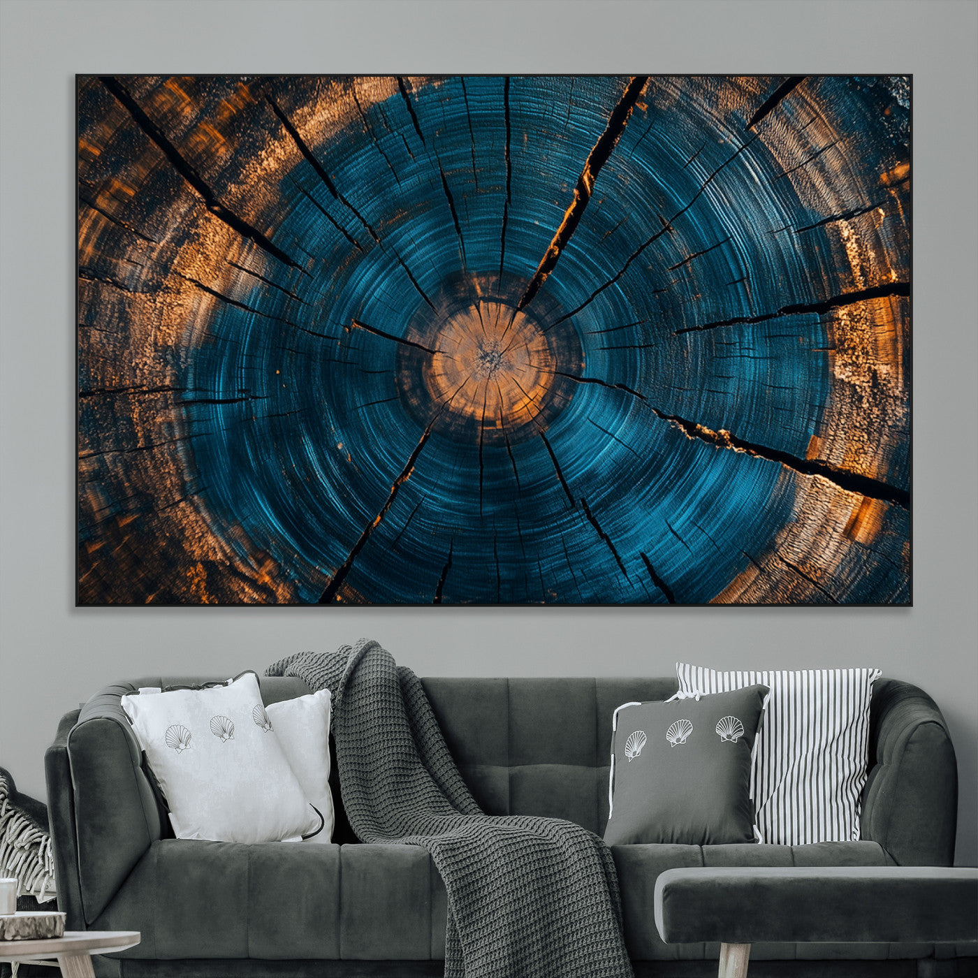 13398-MGV-CV-36X24-Tree Ring Wall Art – Abstract Wood Grain Canvas Print with Blue and Orange Accents, Rustic Nature Inspired Artwork for Living
