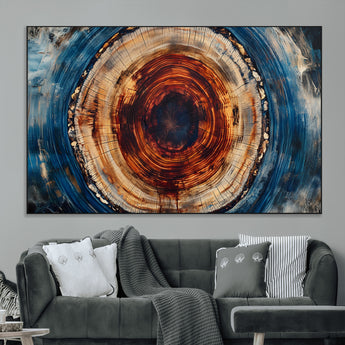 90395-MGV-CV-36X24-Tree Ring Wall Art – Abstract Wood Grain Canvas Print with Fiery Red and Blue Tones, Bold Rustic Nature Inspired Artwork Decor for