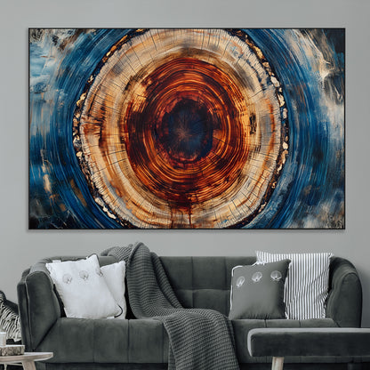 90395-MGV-CV-36X24-Tree Ring Wall Art – Abstract Wood Grain Canvas Print with Fiery Red and Blue Tones, Bold Rustic Nature Inspired Artwork Decor for