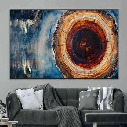 48045-MGV-CV-36X24-Tree Ring Abstract Wall Art – Rustic Wood Grain Canvas Print with Brown Center and Blue Brush Strokes, Nature Inspired Artwork for