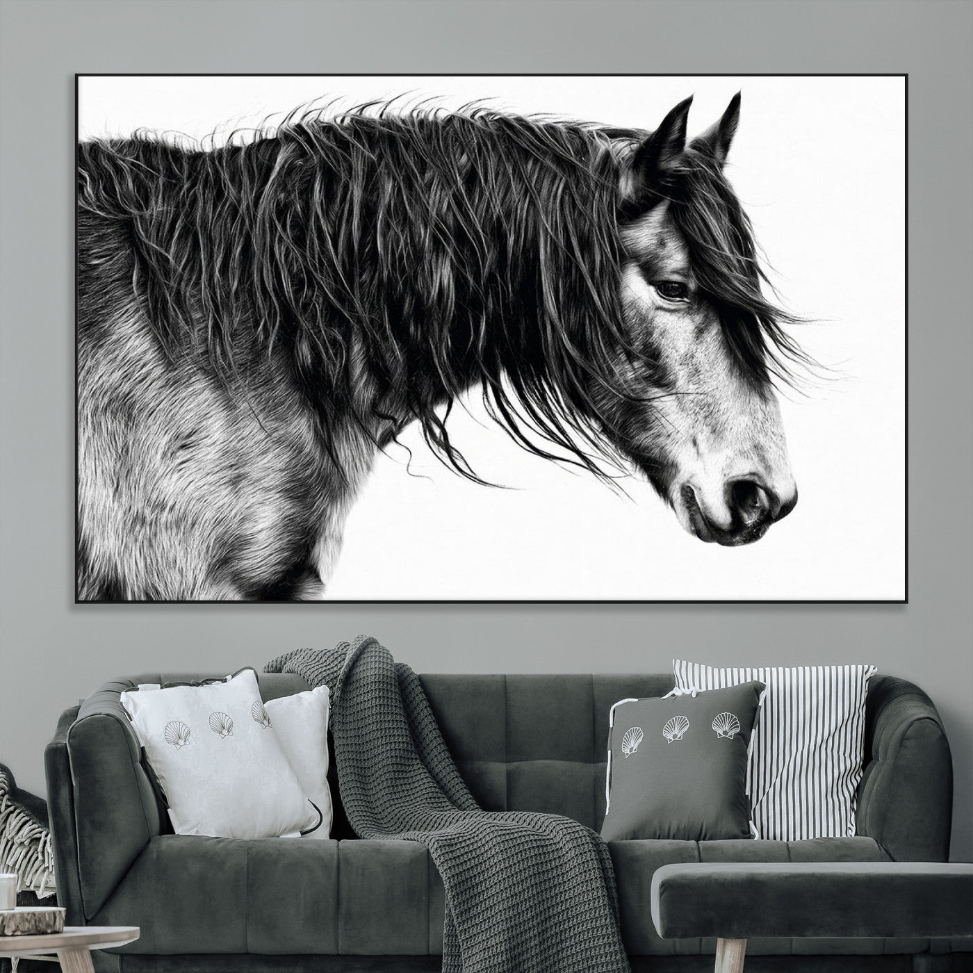57694-MGV-CV-36X24-Horse Portrait Wall Art – Black and White Canvas Print with Detailed Stallion Profile, Rustic Farmhouse Equestrian Artwork for