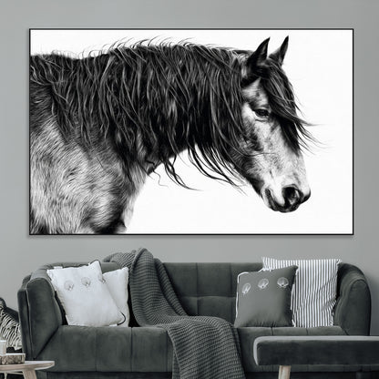 57694-MGV-CV-36X24-Horse Portrait Wall Art – Black and White Canvas Print with Detailed Stallion Profile, Rustic Farmhouse Equestrian Artwork for