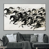 23069-MGV-CV-36X24-Galloping Horses Wall Art – Black Ink Painting on Canvas, Dynamic Equestrian Artwork with Running Stallions, Expressive Modern