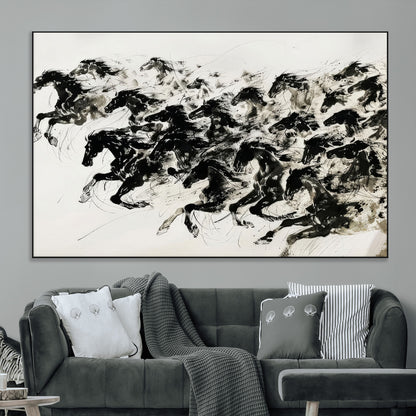23069-MGV-CV-36X24-Galloping Horses Wall Art – Black Ink Painting on Canvas, Dynamic Equestrian Artwork with Running Stallions, Expressive Modern