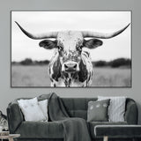 20272-MGV-CV-36X24-Texas Longhorn Wall Art – Black and White Cowboy Western Canvas Print, Rustic Farmhouse Cattle Photography Decor for Ranch, Barn
