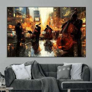 22398-MGV-CV-36X24-Urban Jazz Band Wall Art – Golden City Street Music Scene Canvas Print, Vintage Jazz Musicians Painting for Living Room, Office,