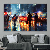 94605-MGV-CV-36X24-City Jazz Night Wall Art – Vibrant Music Canvas Print Featuring Saxophone, Guitar and Bass Players, Urban Street Scene Artwork for