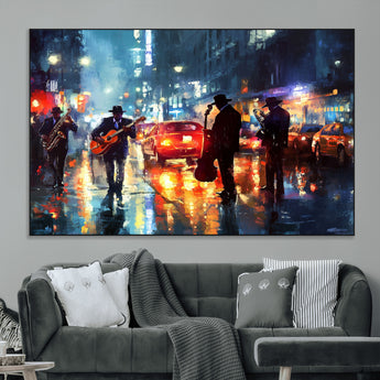 94605-MGV-CV-36X24-City Jazz Night Wall Art – Vibrant Music Canvas Print Featuring Saxophone, Guitar and Bass Players, Urban Street Scene Artwork for