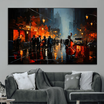 46538-MGV-CV-36X24-Urban Jazz Night Wall Art – Dramatic Music Canvas Print with Double Bass and Street Musicians, Modern City Scene Artwork for