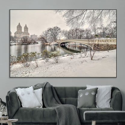 60292-MGV-CV-36X24-Central Park Winter Wall Art – Snowy Bow Bridge Canvas Print, Scenic New York City Landscape Photography for Living Room, Bedroom