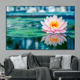 65933-MGV-CV-36X24-Pink Water Lily Wall Art – Lotus Flower Canvas Print with Reflection on Calm Water, Peaceful Botanical Artwork for Living Room,