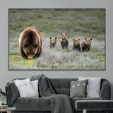 65087B-MGV-CV-36X24-Bear Family Wall Art – Wildlife Canvas Print Featuring Mother Bear with Cubs in Nature, Rustic Animal Artwork for Living Room,