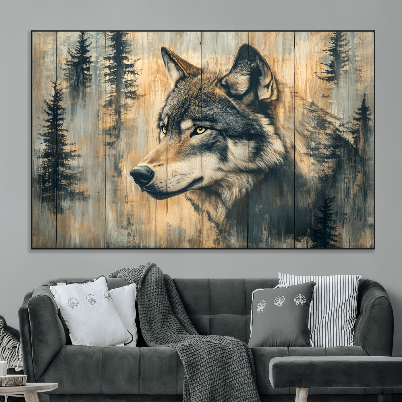 51892-MGV-CV-36X24-Wolf Wall Art – Rustic Canvas Print of Wolf with Forest Trees on Wood Texture, Wildlife Lodge Artwork for Living Room, Bedroom,