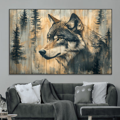 51892-MGV-CV-36X24-Wolf Wall Art – Rustic Canvas Print of Wolf with Forest Trees on Wood Texture, Wildlife Lodge Artwork for Living Room, Bedroom,