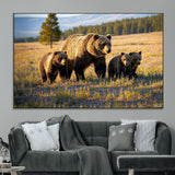 43400-SEG-FC-51X34_Oversize_Oversize-Bear Family Wall Art – Wildlife Canvas Print of Mother Bear with Cubs in Sunlit Meadow, Rustic Animal Artwork for Living Room,